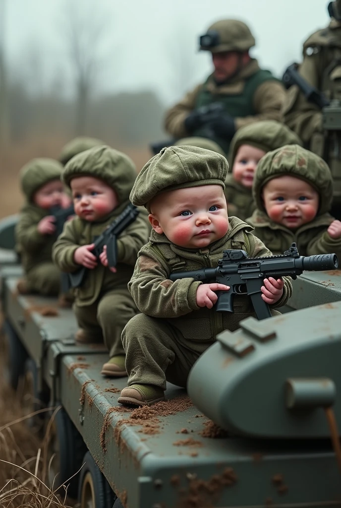 30 very young newborn babies dressed in camouflage tank uniforms and military berets ride on a real military vehicle in a defensive position in a realistic full body pose.