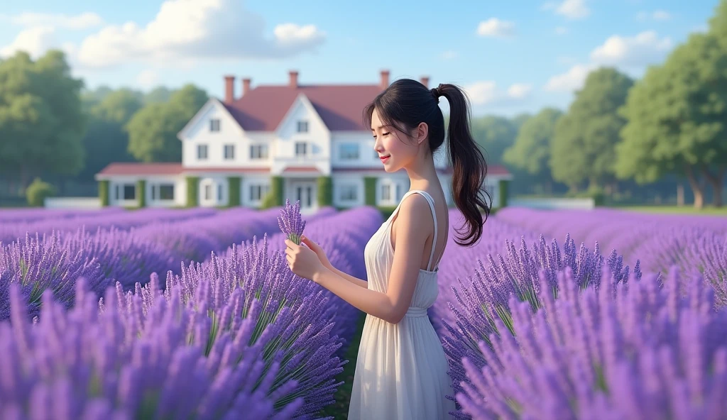 A beautiful lavender farm. A beautiful white luxurious house in the background of the natural lavender farm. A beautiful girl wearing ponytail is walking in the farm. The girl is trying to pick a flower from the farm. The fragrance is spreading like music notes everywhere.