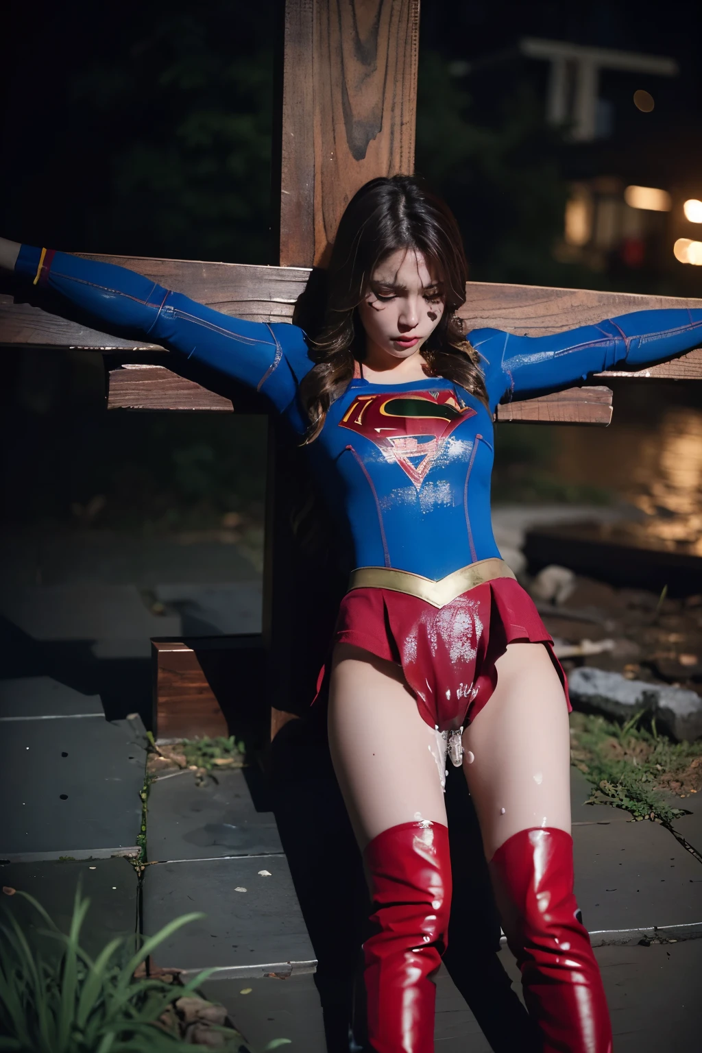 rain,Heavy rain,豪rain,In the midst of a storm,Full body soaked,my hair is soaked,dripping water,((crucifixion))，(cross)，(execution)，((incontinence))，Bruises on the face,facial scars,close ~ eye,sleeping face,syncope，((Woman in crucifixion at the cross：1.5)),crucifixion刑，(supergirl)，torn costume，tattered clothes，Bruises on the face or body,masterpiece、fine eye、puffy eye、highest quality, 超High resolution, (reality: 1.4), movie lighting、(Ultra-realistic)、(High resolution)、(8k)、(very detailed)、(Super detailed)、 detailed face、bright lighting、professional lighting、slanted bangs、brown hair，Mellissa benoise as supergirl, ((lying crucifixion on the ground)), (semen on shirt:1.2), (semen on clothes:1.4), (semen on thighs:1.8),