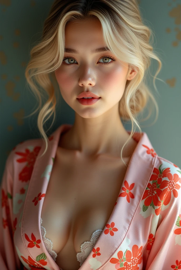 (masutepiece, Best Quality:1.4), Beautiful face, 8K, 85 mm, absurderes, (floral pattern yukata:1.4), The upper part of the body, hカップ,violaceaess, gardeniass, Delicate girl, Solo, Night, Looking at Viewer, Upper body, Film grain, chromatic abberation, Sharp Focus, blondhair,Professional Lighting, Sophisticated, (Smile:0.4), cleavage, (Simple background, Bokeh background:1.2), Detail Face