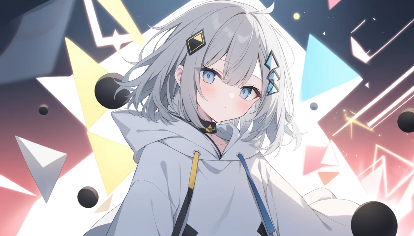One person Thin gray hair Red light in blue eyes looking at the camera White hoodie with black and blue lines Diamond-shaped hair ornament A yellow triangle on the bottom of the hair accessory hairpin Jagged black holes on the outside of the hood Hood has a double triangle with black lines2t 20age world of music