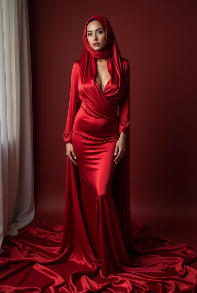 Captivating, elegant woman is engendered in a cascade of four-meter-long, ruby-red, plush satin fabric. The material clings tightly to her figure, spreading out into a pooled train at her feet, mimicking a mermaid's tail. A satin hijab cloaks her head, in bed room, revealing only a hint of her upper body. This full-body portrait radiates a mythical sophistication. Wrapped, eth