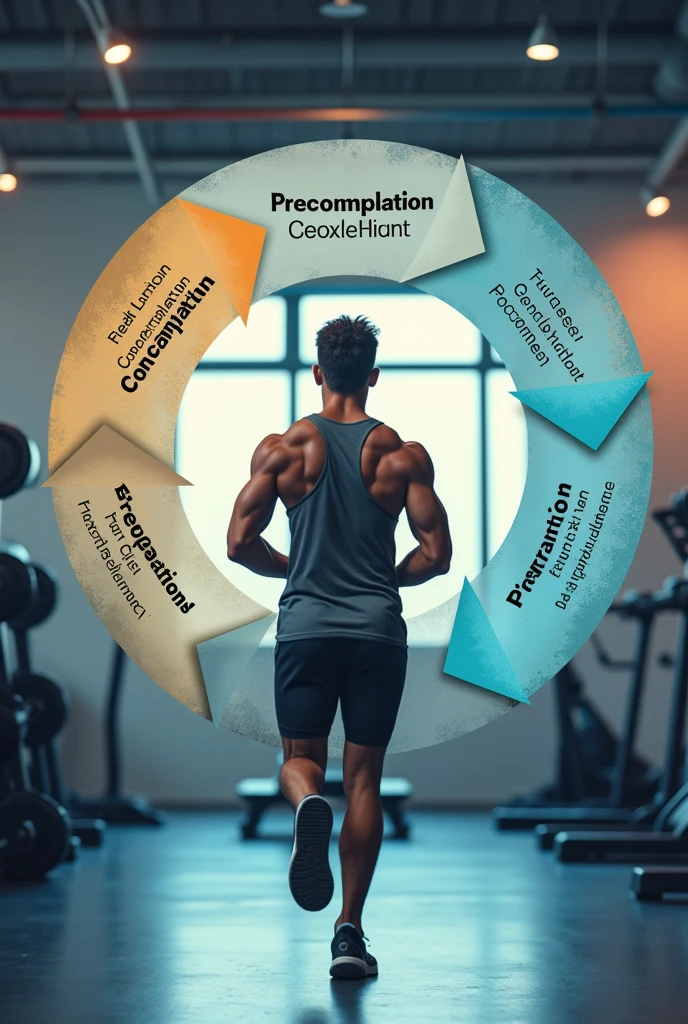 in a gym, create a fitness image of the transtheoretical model of behavior change with the english words
