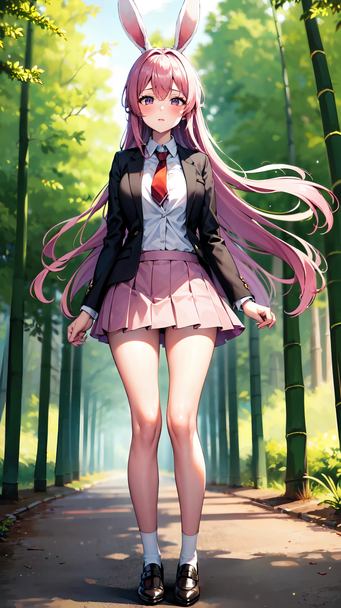 （（super high quality,Ultra-high resolution,16K,super masterpiece,Ultra HD,Ultra high definition,））Full body photo,One high school girl,White bunny ears,Very long straight purple hair,Slender body,Black blazer,All buttons are unbuttoned,White dress shirt,Long red tie,Pink mini skirt,White socks,blush,Looks at me so shyly,（（Leaning forward greatly:1.5,Hands tucked between the crotches:1.8,））Sweaty,Bamboo forest in the morning sun,（A strong wind is blowing:1.5,The wind messes up my hair and skirt:1.8,）Angle looking up from below,