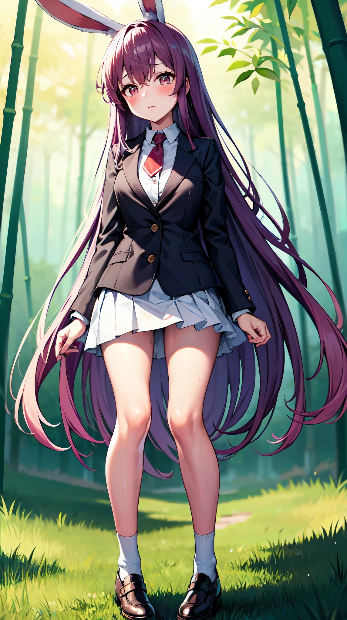 （（super high quality,Ultra-high resolution,16K,super masterpiece,Ultra HD,Ultra high definition,））Full body photo,One high school girl,White bunny ears,Very long straight purple hair,Slender body,Black blazer,All buttons are unbuttoned,White dress shirt,Long red tie,Pink mini skirt,White socks,blush,Looks at me so shyly,（（Leaning forward greatly:1.5,Hands tucked between the crotches:1.8,））Sweaty,Bamboo forest in the morning sun,（A strong wind is blowing:1.5,The wind messes up my hair and skirt:1.8,）Angle looking up from below,