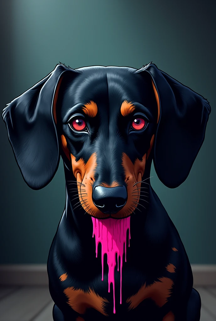 I imagine a black tribal dachshund, just the head, in an anime style with a touch of horror, with pink drool.