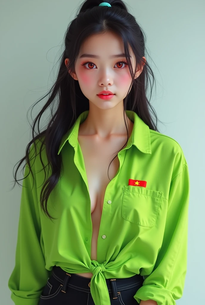 Draw a dynamic 18 year old girl and draw a dynamic 18 year old girl she is wearing a bright green shirt that is a bit long and unbuttoned shirt with no pocket on the left side has a small Vietnamese flag on the chest and short sleeves and is wearing light black pants with no pockets and a pair of red eyes and is wearing light black shoes white skin and a light black hair tie