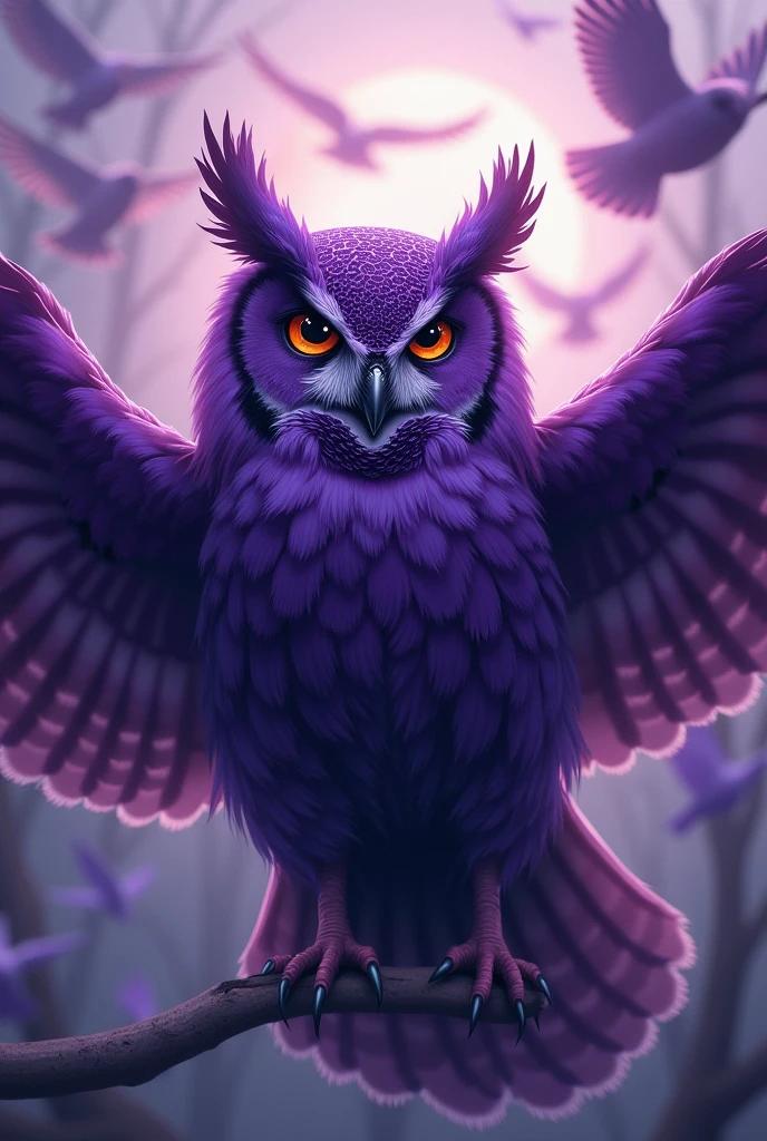 I want to create a LOGO, a purple owl, male, large, realistic, on the top S2G, on the bottom write K ANO in the background owls should fly