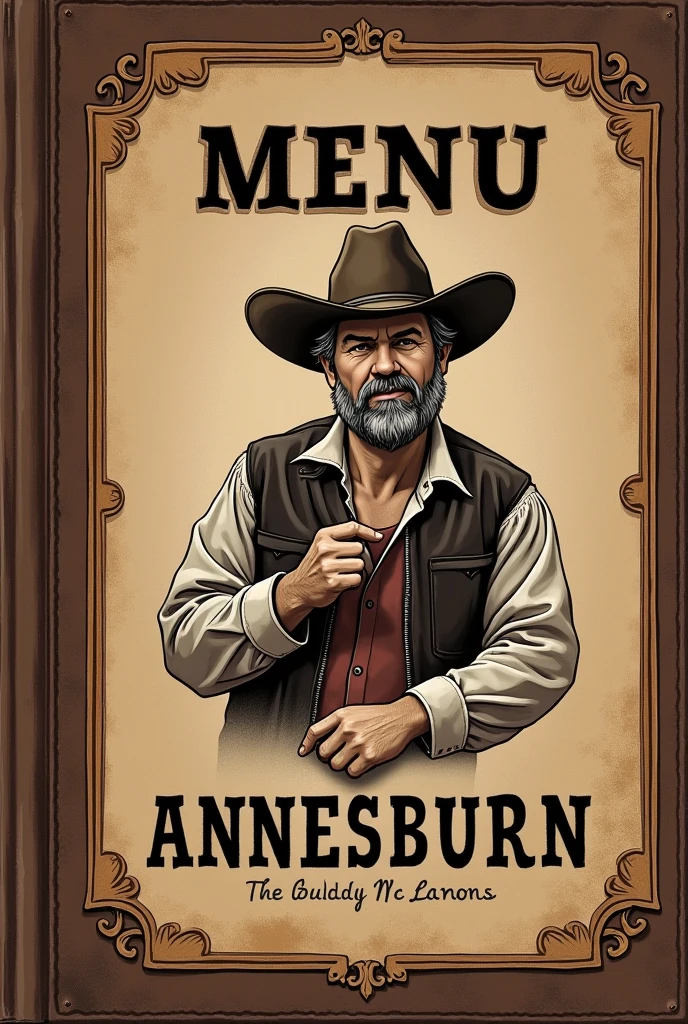 première de couverture format A4 d'un livre en style vintage de menu avec écrit:
"Menu saloon Annesburg
Buddy Mclogann"