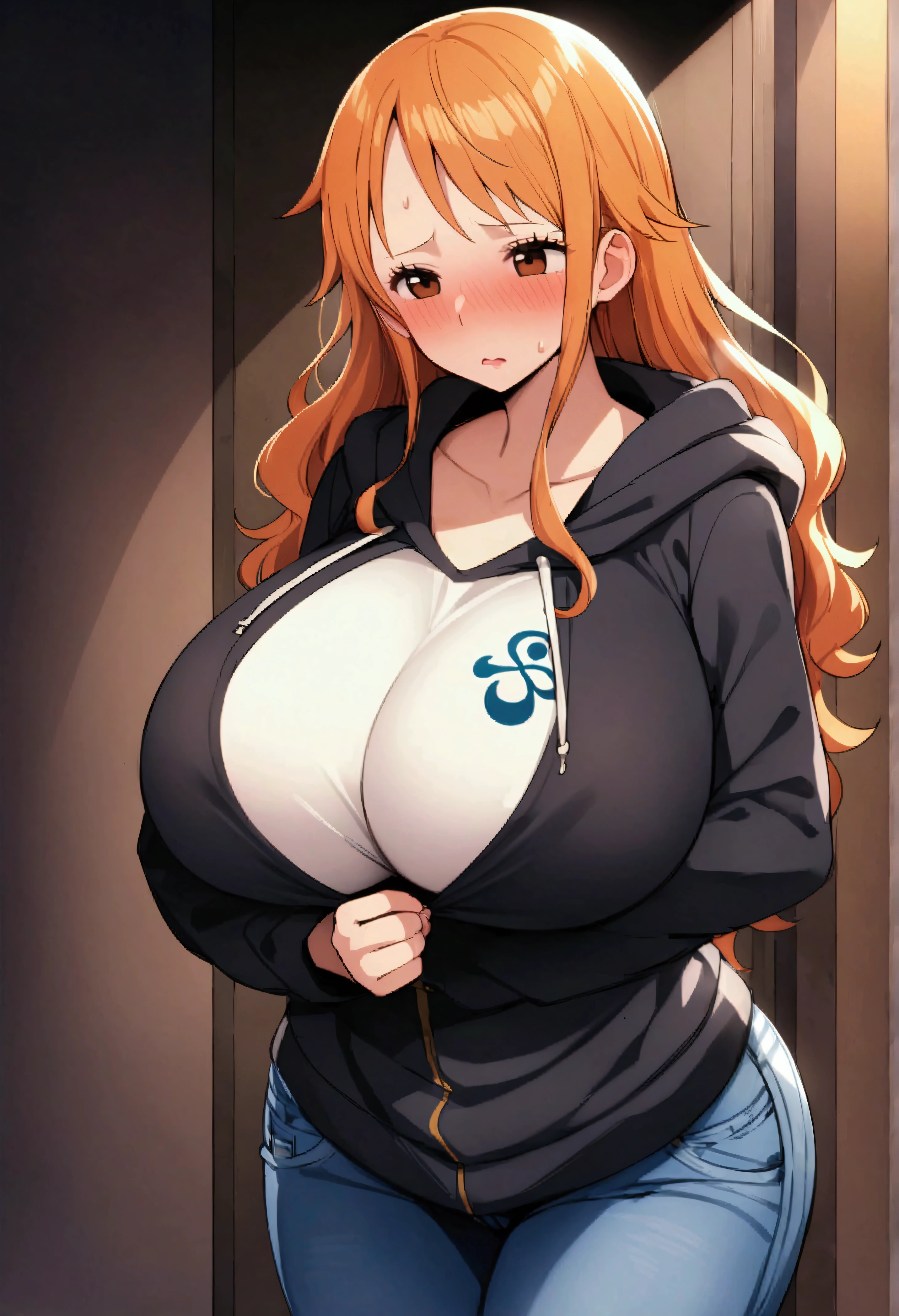 Masterpiece、Highest quality、Super detailed、Nami\(one piece\),One person、solo、source_アニメ、Perfect Face、Huge breasts、Medium Hair、Orange Hair、Disheveled Hair、Really big hoodie、Small tight tops、jeans、dark alley background、Embarrassed look、Hesitating