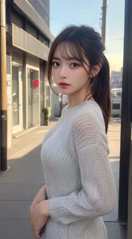 finely detail, hight resolution, hightquality、Perfect dynamic composition, Beautiful detailed eyes, Medium Hair, small tits、Natural Color Lip,Kamimei、Shibuya、20 years girl、1 persons、Transparent skin、Glowing hair、masutepiece, Best Quality, Illustration, Ultra-detailed, finely detail, hight resolution, 8K、The correct state of the human body、Randomly cute poses,Ponytail hair,beauty legs,Perfect beautiful face,KPOP Idol Face,Face that feels ecstasy,Pale light grey knitted dress,Background blur,Randomly dress up as a model for a women's fashion magazine