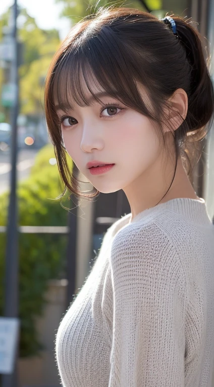 finely detail, hight resolution, hightquality、Perfect dynamic composition, Beautiful detailed eyes, Medium Hair, small tits、Natural Color Lip,Kamimei、Shibuya、20 years girl、1 persons、Transparent skin、Glowing hair、masutepiece, Best Quality, Illustration, Ultra-detailed, finely detail, hight resolution, 8K、The correct state of the human body、Randomly cute poses,Ponytail hair,beauty legs,Perfect beautiful face,KPOP Idol Face,Face that feels ecstasy,Pale light grey knitted dress,Background blur,Randomly dress up as a model for a women's fashion magazine