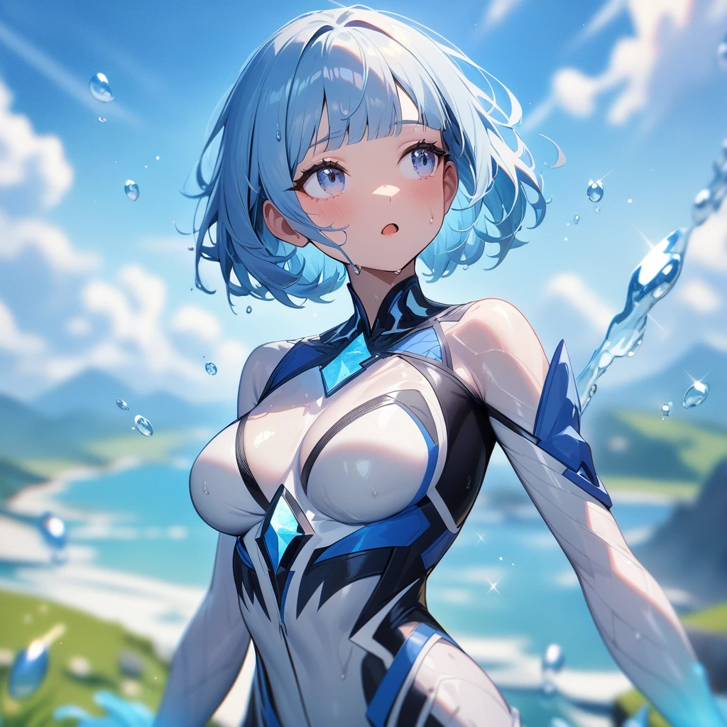 1girls,solo,super detailed skin,shiny skin,wet oily skin,natural face, open mouth ,eyelashes,pastel blue hair,short hair, bob hair,blunt bangs,medium breasts,beautiful shaped breasts,unique and complex clothes,looking afar,water magic,landscape,wide shot,masterpiece,best quality,ultra detailed,high resolution,sharp focus,depth of field