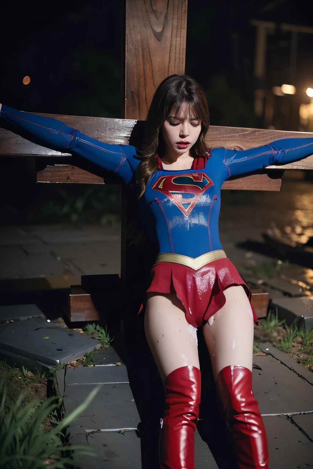rain,Heavy rain,豪rain,In the midst of a storm,Full body soaked,my hair is soaked,dripping water,((crucifixion))，(cross)，(execution)，((incontinence))，Bruises on the face,facial scars,close ~ eye,sleeping face,syncope，((Woman in crucifixion at the cross：1.5)),crucifixion刑，(supergirl)，torn costume，tattered clothes，Bruises on the face or body,masterpiece、fine eye、puffy eye、highest quality, 超High resolution, (reality: 1.4), movie lighting、(Ultra-realistic)、(High resolution)、(8k)、(very detailed)、(Super detailed)、 detailed face、bright lighting、professional lighting、slanted bangs、brown hair，Mellissa benoise as supergirl, ((lying crucifixion on the ground)), (semen on shirt:1.2), (semen on clothes:1.4), (semen on thighs:1.8),