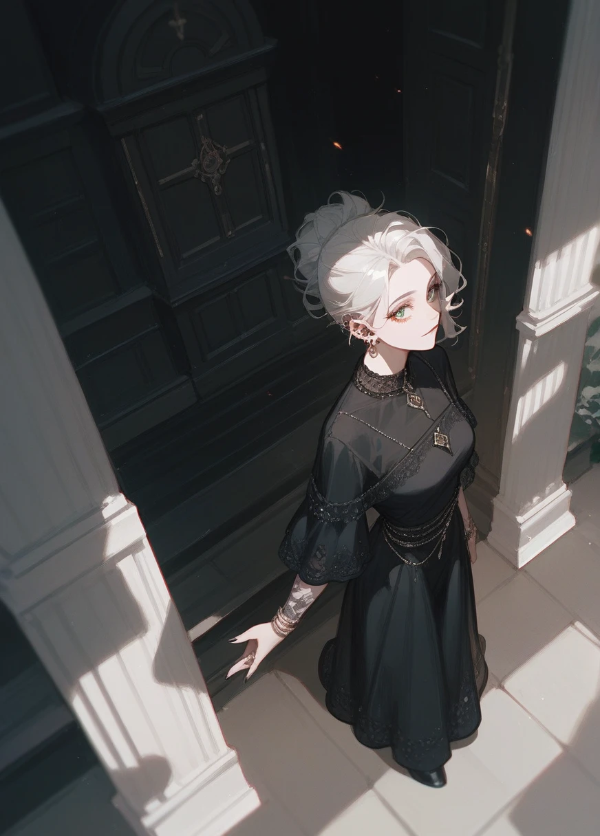 (to check_9,to check_8_High above,to check_7_High above),1 older woman , black gown, robusta, piercing look ,features of an older woman in her 25s, with a witch's outfit