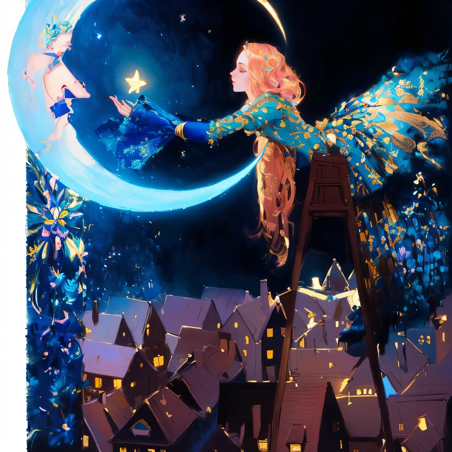 painting of a woman holding a broom in front of a moon, by John Moonan, fairy tale illustrations, inspired by Victor Nizovtsev, inspired by Anna and Elena Balbusso, the moon and stars, inspired by James C. Christensen, by Bridget Bate Tichenor, inspired by Gustaf Tenggren, fairy tale illustration, the moon behind her