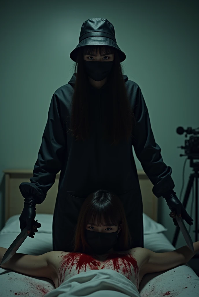 korean girl, (behind stiff, holding knife), black surgical mask, black gloves, room, black raincoat, bucket hat, holding knife, black gloves, woman on top, behind cadaver, blood splatter, bed room, night, mass er, killer, long bangs, blood splatter, dark atmosphere, cinematic lighting, atmospheric realistic, tripod and camera in the back, shooting with camera
