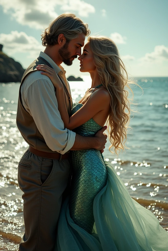 A fishermen & a beautiful hot mermaid kissing. No third person need.