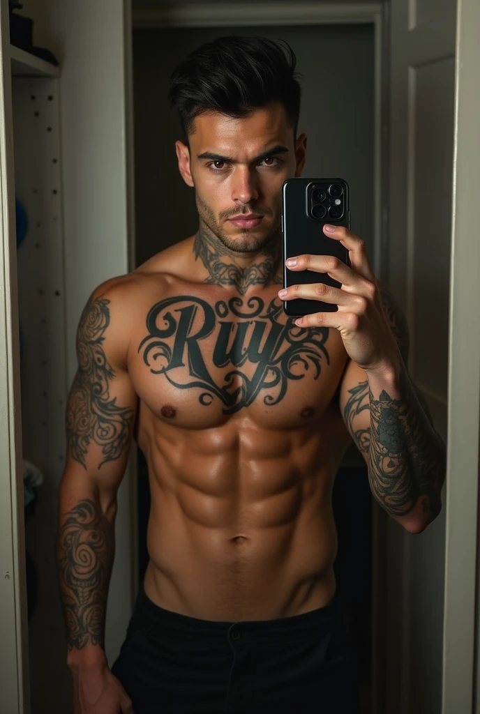 a young man AI high quality muscular tattoo with name “ruy” tanned skin piercing gaze with closet background with iPhone 15 cell phone in hand taking photo mirror