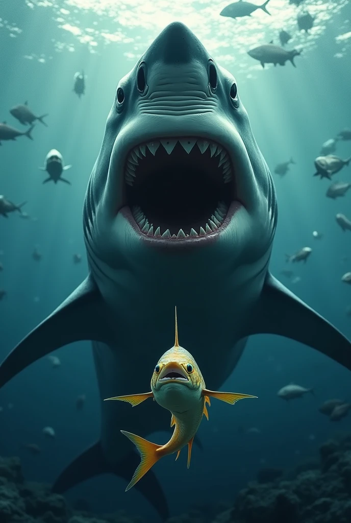 A shark comes out in the middle of all the fish and in front of it there is a fish

