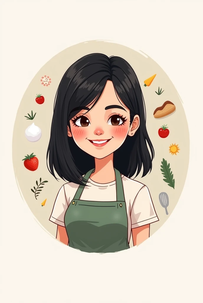 Create a profile picture for my Instagram food page of called “Behind The Apron“ . I am a girl with fair skin (please don’t make my cheeks rosy red) and black medium length hair just passing my shoulders. Include a cartoon of myself
