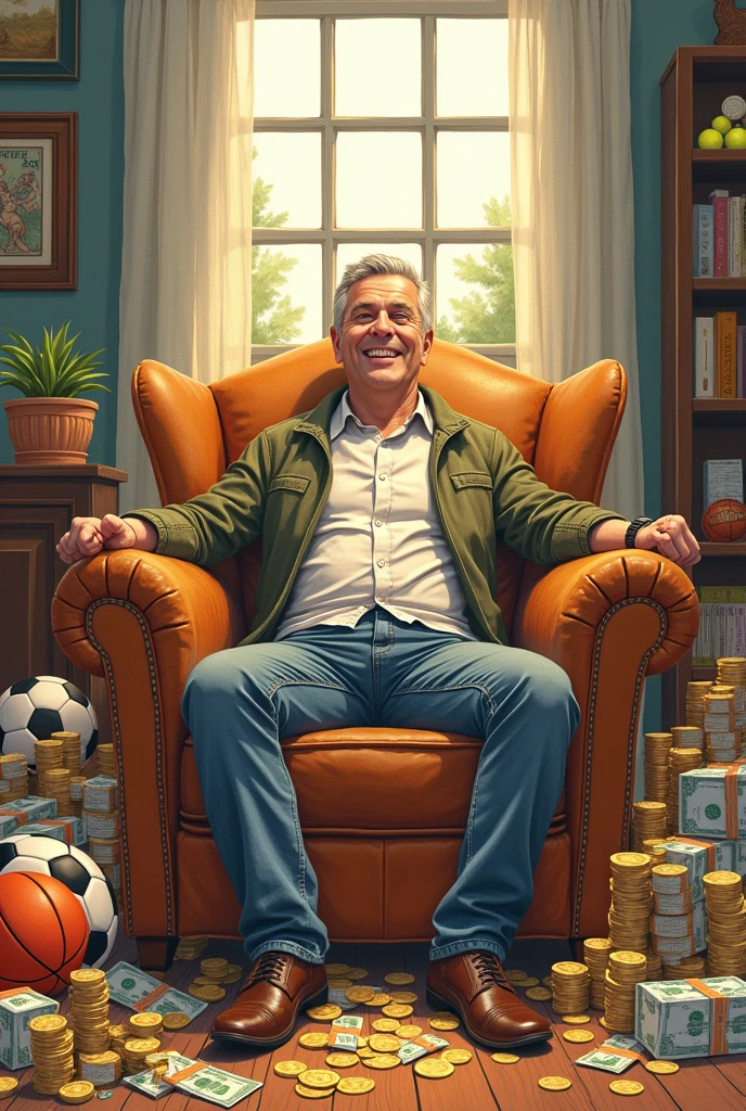 Drawing of a happy man sitting in an armchair holding a mobile phone surrounded by coins, banknotes and soccer balls, basketball and tennis.
