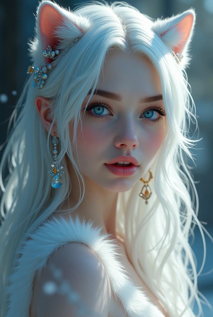 beautiful lighting、perfect lightning bolt、realistic shadow、Detailed skin、ultra-detailliert、detailed faces and eyes、Realistic eyes、Sharp pupils、sideshot、beauitful face、blurry backround、20 year old girl、shinny skin, the snow leopard tail、white hair、blue colored eyes、snow leopard ears、hair adornments、Smile with open mouth