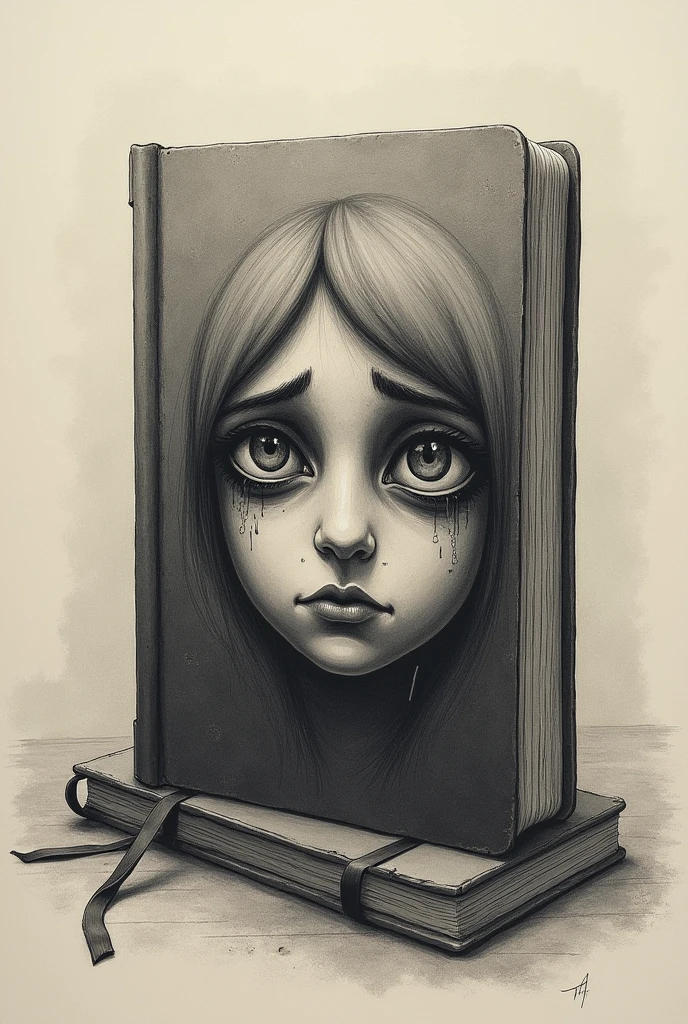 The image is drawn in pencil with soft, shaded strokes., creating a dark and introspective atmosphere. The cover of the diary is dark in color, with signs of wear that reveal its constant use. At the center, there is a face partially hidden by shadows, with deep and sad eyes, that seem to reflect an intense emotional weight. The lines of the drawing are irregular, giving a feeling of restlessness. Around the face, chaotic scribbles spread, as if they were disordered thoughts or repressed feelings. In the bottom right corner, the person&#39;s hands hold the diary tightly, as if he were a refuge in the midst of pain. The image conveys a deep sense of isolation and melancholy, capturing the essence of a soul struggling with inner darkness. 