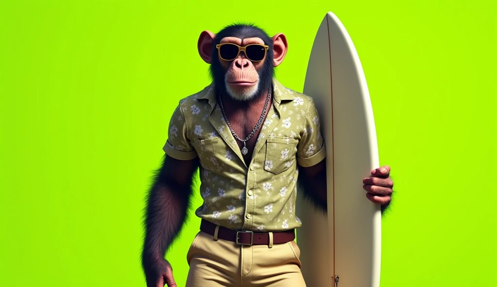 create a realistic image of a chimpanzee wearing khaki shorts and an open floral button-down shirt, silver necklace and Ray-Ban sunglasses , holding a body board on a lime green background