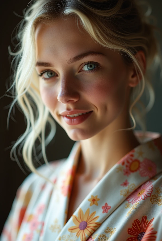 (masutepiece, Best Quality:1.4), Beautiful face, 8K, 85 mm, absurderes, (floral pattern yukata:1.4), The upper part of the body, hカップ,violaceaess, gardeniass, Delicate girl, Solo, Night, Looking at Viewer, Upper body, Film grain, chromatic abberation, Sharp Focus, blondhair,Professional Lighting, Sophisticated, (Smile:0.4), cleavage, (Simple background, Bokeh background:1.2), Detail Face,wide shot,