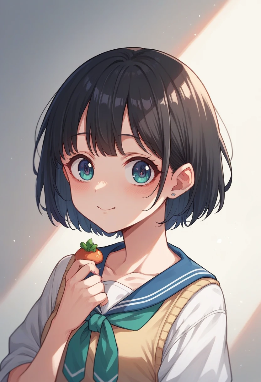 Cute anime girl with delicate skin in makeup and shiny short black hair brought a lunch box to school for lunch with lktuk salad and juice 