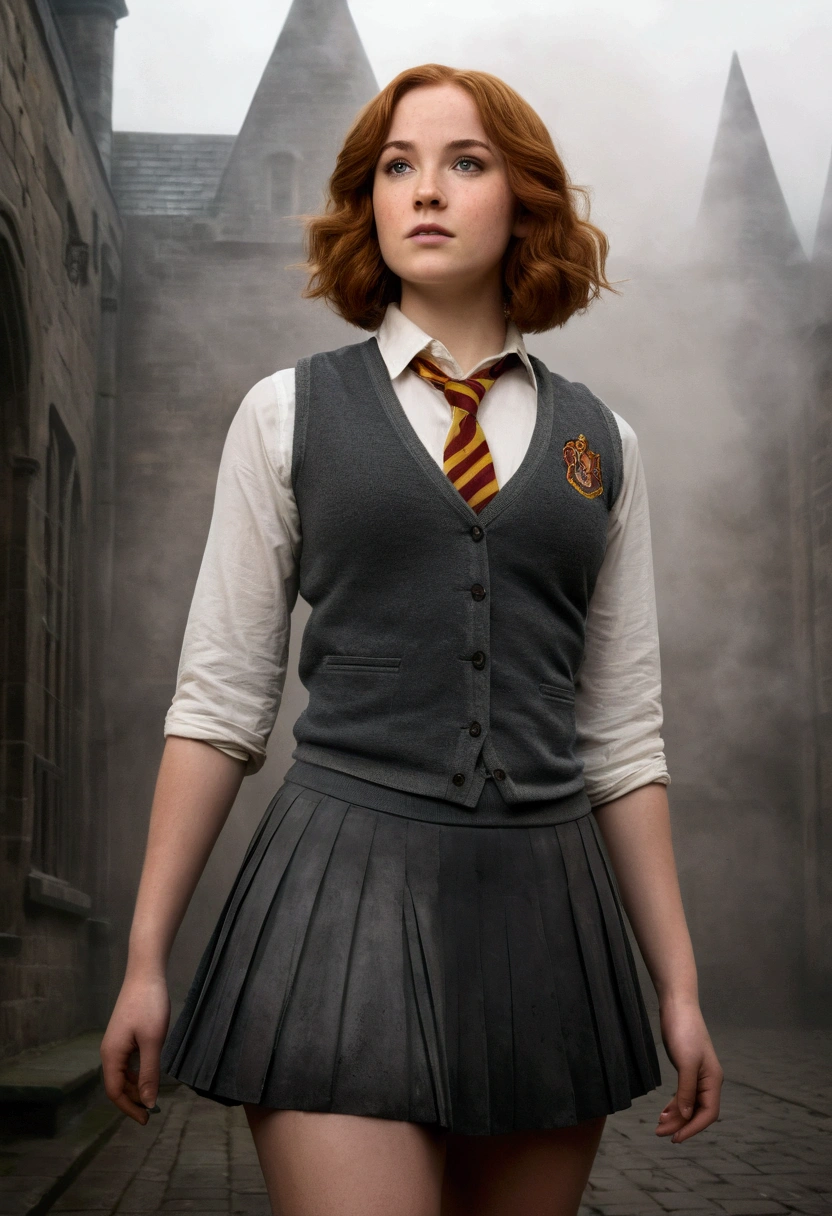 An illustrated movie poster, hand-drawn, full color, a female Hogwarts student, 1, wearing a charcoal vest and a pleated skirt, toned, amazonian stature, athletic hourglass figure, full wide hips, massive round butt, long shapely legs, ridiculously thick powerful thighs, light hazel eyes, deep dark auburn hair, short curly bob cut, flushed sun-kissed complexion, freckles, resembles Genevieve O'Reilly, standing in a foggy Hogwarts courtyard, surrounded by mist, graphite shading, stencil marks, airbrushed acrylic paint, masterpiece, in the Deathly Hallows 