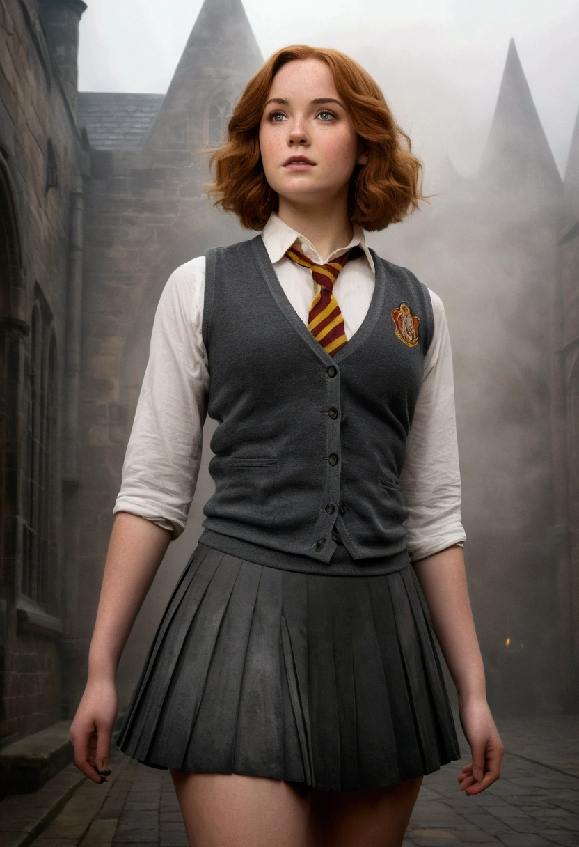 An illustrated movie poster, hand-drawn, full color, a female Hogwarts student, 1, wearing a charcoal vest and a pleated skirt, toned, amazonian stature, athletic hourglass figure, full wide hips, massive round butt, long shapely legs, ridiculously thick powerful thighs, light hazel eyes, deep dark auburn hair, short curly bob cut, flushed sun-kissed complexion, freckles, resembles Genevieve O'Reilly, standing in a foggy Hogwarts courtyard, surrounded by mist, graphite shading, stencil marks, airbrushed acrylic paint, masterpiece, in the Deathly Hallows
