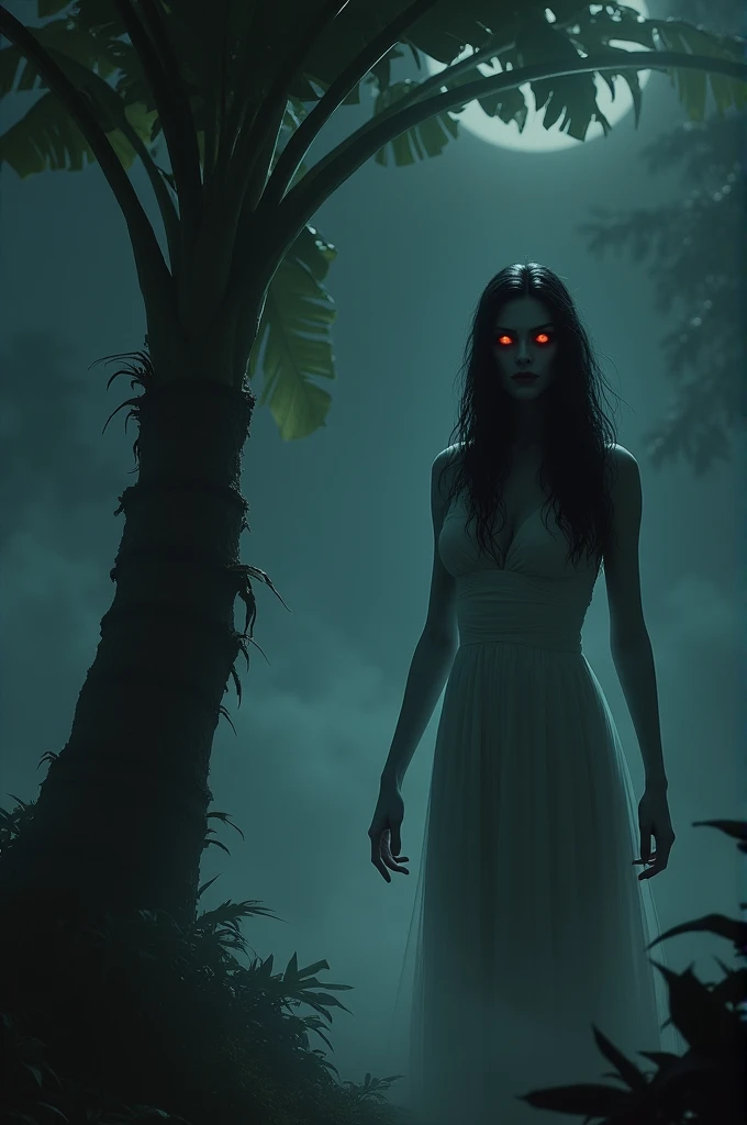 "A ghostly woman with long black hair, pale skin, and red eyes standing ominously beside a banana tree at night."
