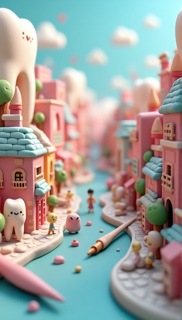 Miniature,A very cute clay world, 都cityの等角図 ,Cute clay freeze frame animation,City view, city，people々 ，Street，road,Tilt Shift, Excellent lighting, Volume, landscape, hospital，dentist，Against the background of huge teeth，Brush,White background,3d,Super Detail