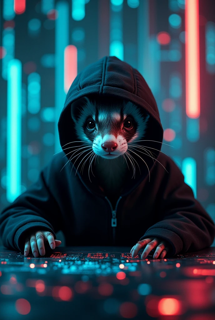 ferret animal in black hooded coat with neon lines hacking a network