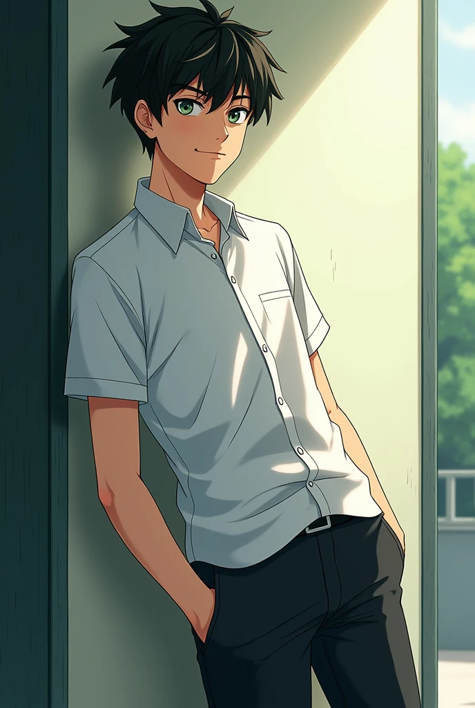 A tall 14-year-old anime fantasy bully boy who looks 1, with shiny green eyes and rather serious, with a white short sleeve shirt and expensive black sneakers , neat black hair and a gentle smile on his lips, his look is a sign of his kindness. He leans his head a little back , his hand in his pocket and one leg against the wall , he looks at you with a proud look .