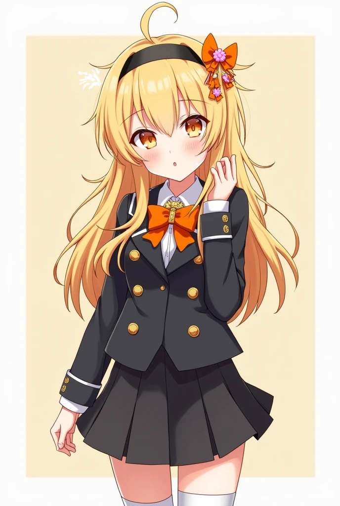 ukihashiasuka
blonde hair, hair ribbon, black ribbon, black hairband, hair between eyes, medium hair, orange eyes
black jacket, buttons, orange bowtie, brooch, white shirt, belt, black skirt, white thighhighs, school uniform