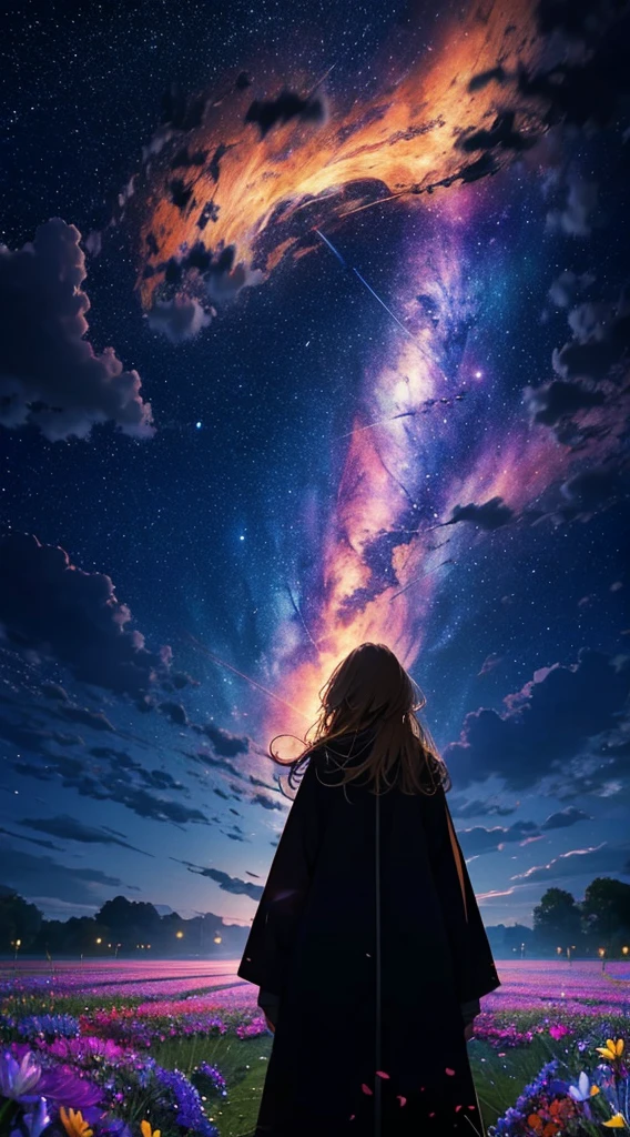1people々々々々々々々,Blonde long-haired woman,Long coat, Dress Silhouette, Rear View,Space Sky, Flower Field,Colorful flowers