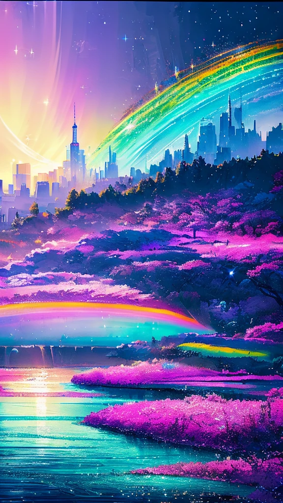 Colorful Metropolitan Museum of Art、Painting of a river with stars and moon in a rainbow sky、Met、輝くskyscraper、Shine overall、skyscraper、Concept art inspired by Tosa Mitsuoki、Pixiv Contest Winners、Highest quality、Fantasy art、Beautiful anime scene、Bright Moon、Moonlight Star Environment、Dream Painting、Anime Background Art、Fantasy Landscape Painting、Fantasy Knight、anime background artwork、wonderful芸術、Atmospheric anime、Starry Sky、details enhanced,16K, Ultra-high resolution, Ultra-high resolution, to be born,wonderful ,future、Iridescent、The world 30 years from now。。
