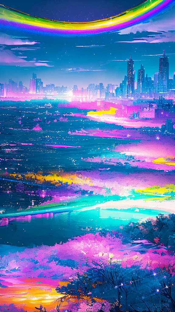Colorful Metropolitan Museum of Art、Painting of a river with stars and moon in a rainbow sky、Met、輝くskyscraper、Shine overall、skyscraper、Concept art inspired by Tosa Mitsuoki、Pixiv Contest Winners、Highest quality、Fantasy art、Beautiful anime scene、Bright Moon、Moonlight Star Environment、Dream Painting、Anime Background Art、Fantasy Landscape Painting、Fantasy Knight、anime background artwork、wonderful芸術、Atmospheric anime、Starry Sky、details enhanced,16K, Ultra-high resolution, Ultra-high resolution, to be born,wonderful ,future、Iridescent、The world 30 years from now。。