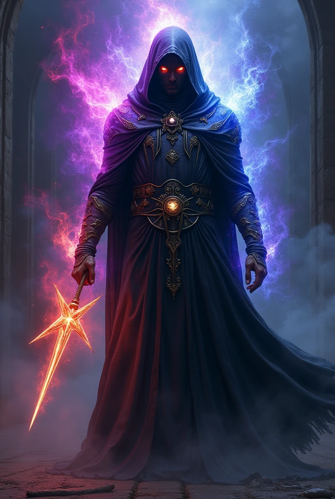 man in black ritual clothing, energy field around the shiny silver body, violet body aura, red chest aura with silver blue, fiery aspect in the eyes, darkness background, Morning Star
