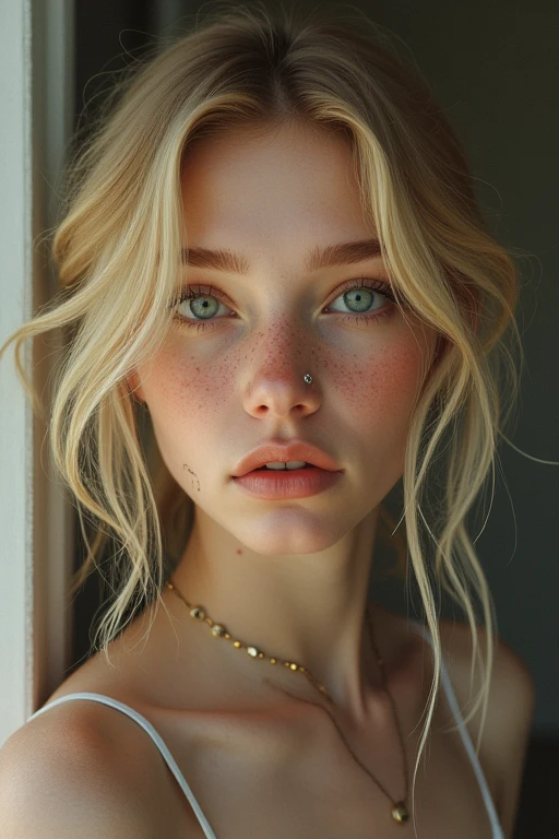 Blonde woman with freckles and piercings looking into the camera, photorealistic painting by Seb McKinnon, Trending on Artstation, Digital Art, Soft Portrait Shot 8k, ultra Realistic digital painting, Realistic digital painting, 非常にリアルなDigital Art, photoRealistic digital painting, hyperRealistic digital painting, hyper Realistic digital painting, surreal digital art, 非常にリアルなDigital Art, movie-realistic portrait