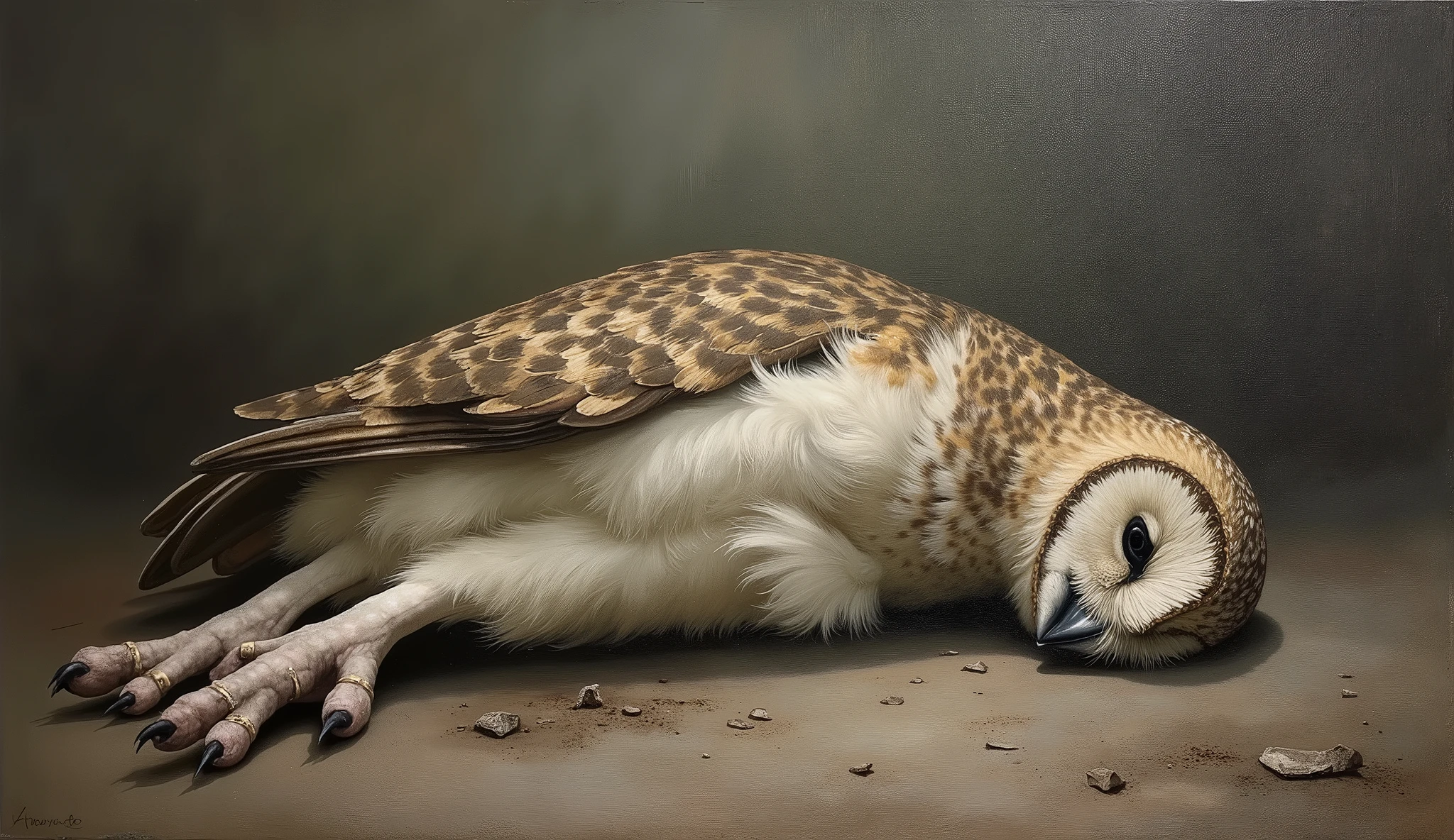 oil painting, dead owl