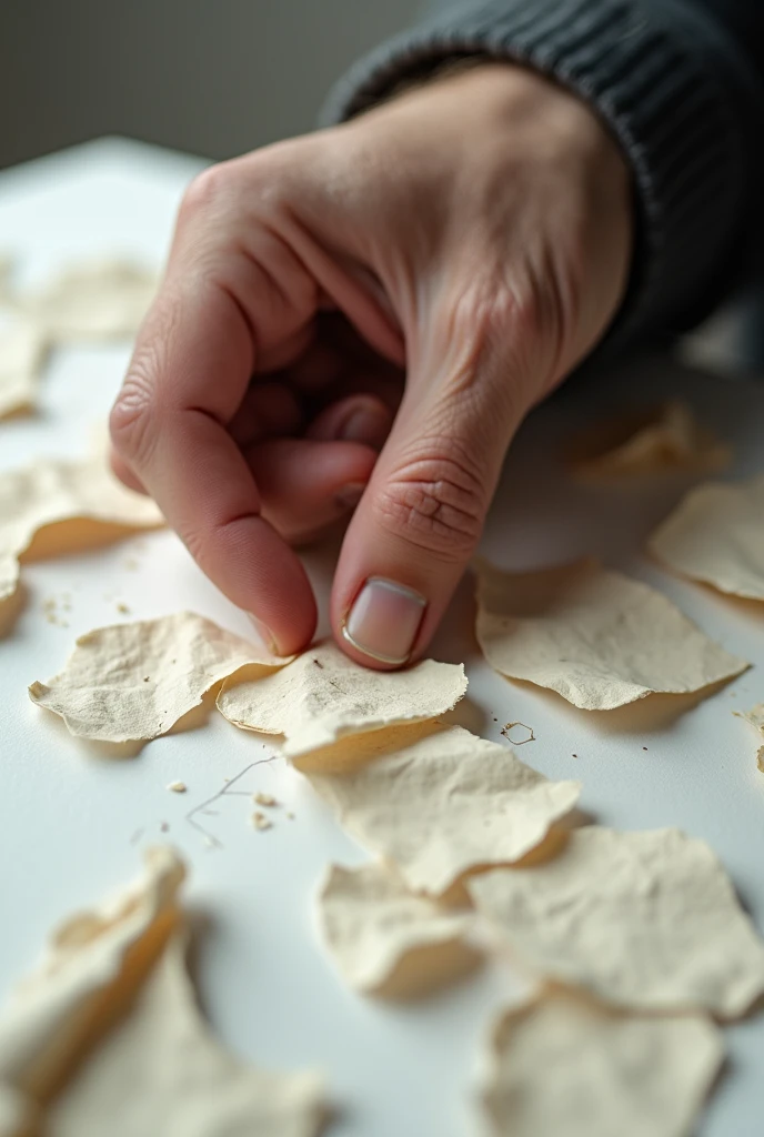 Close view of  hand of a man, sticking and arranging teared paper