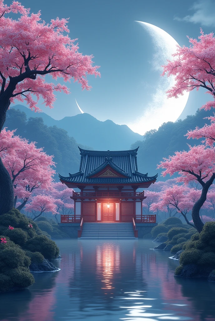 Small Japanese temple with moon in the background and many cherry blossom trees in the foreground