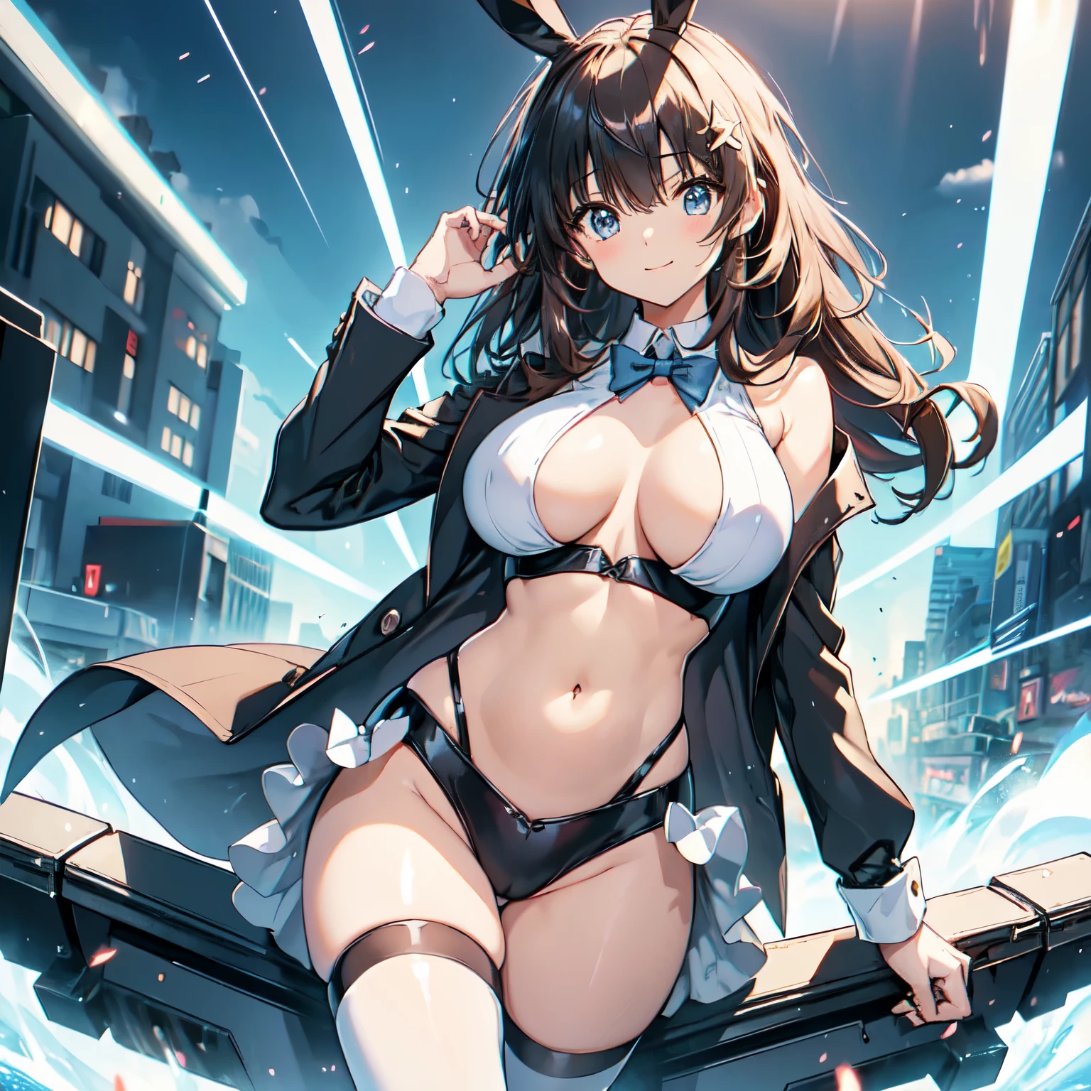 (tuxedo jacket), (light blue leotard), smiling(short height)(young girl), (black bunny ears), (huge round breasts)(big boobs), narrow waist, belly button, narrow hips, (bare hips), (thin legs)(bare legs), (narrow thighs), (white high-heel), (reddish brown ponytail)(white ribbon), nightscape, city lights, (Highly Detailed CG Unity 8K Wallpaper) (Better Quality) (Better lighting)