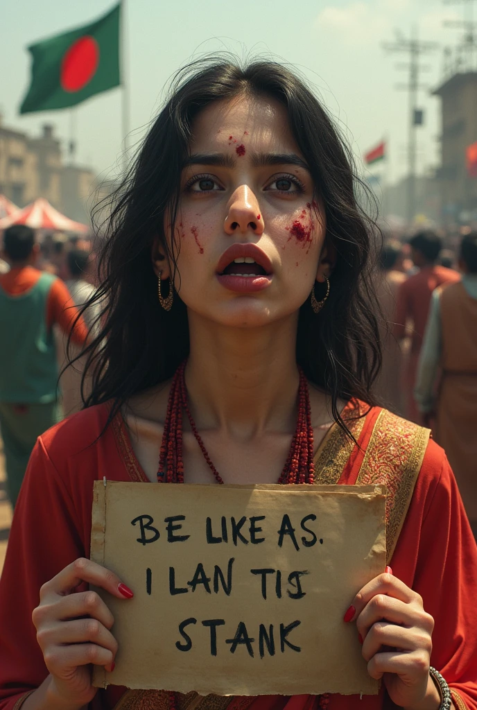 Age 23 young Hot Hindu girl feared wearing traditional clothes with poster in hand written save hindu white milky skin cuts and blood line on face and hand with many hindu and muslim people fighting each other and flag of bangladesh in background , open shocked reaction of girl