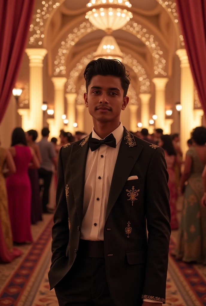 18 year old Indian boy handsome wearing formals posing for Nadeem beautiful party background