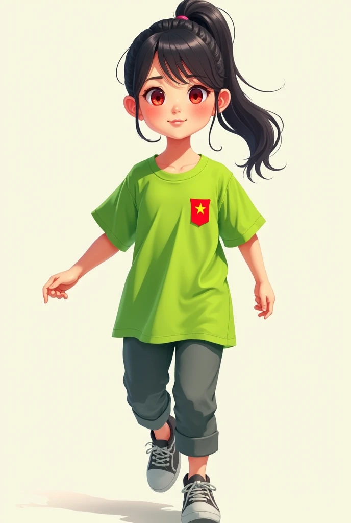 Draw a girl of 1 active and she wears a bright green shirt that is a bit long and has no buttons and no pocket on the left side with a small Vietnamese flag on the chest and short sleeves and wears a pair of light black pants the pants have no pockets and a pair of red eyes and wears light black shoes white skin and a light black ponytail that does not show the chest